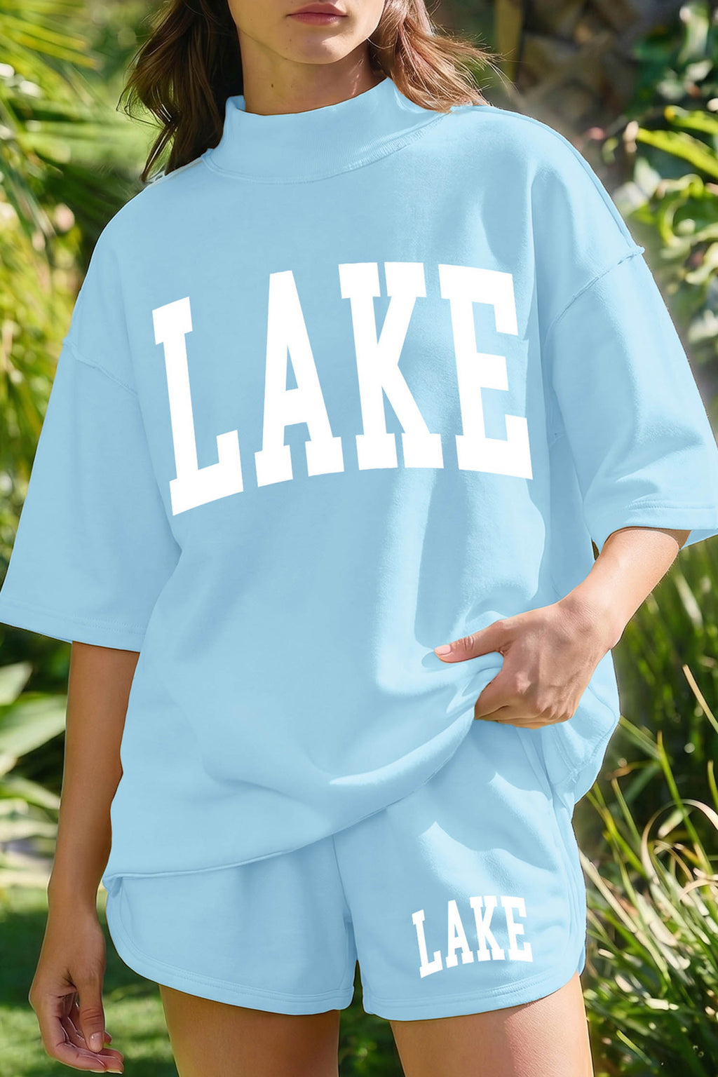 Mist Blue LAKE Print High Neck Top & Casual Shorts Set | UK 8–22