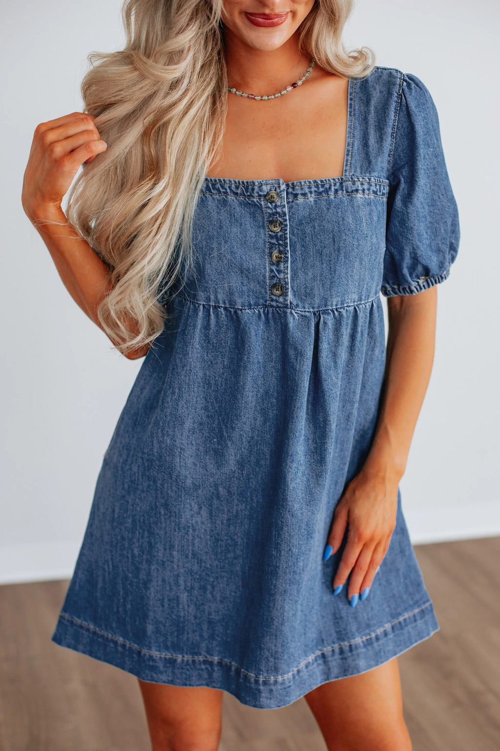Women's Denim Mini Dress Square Neck Puff Sleeve Button Smocked Back S-XL at LivelyLooks