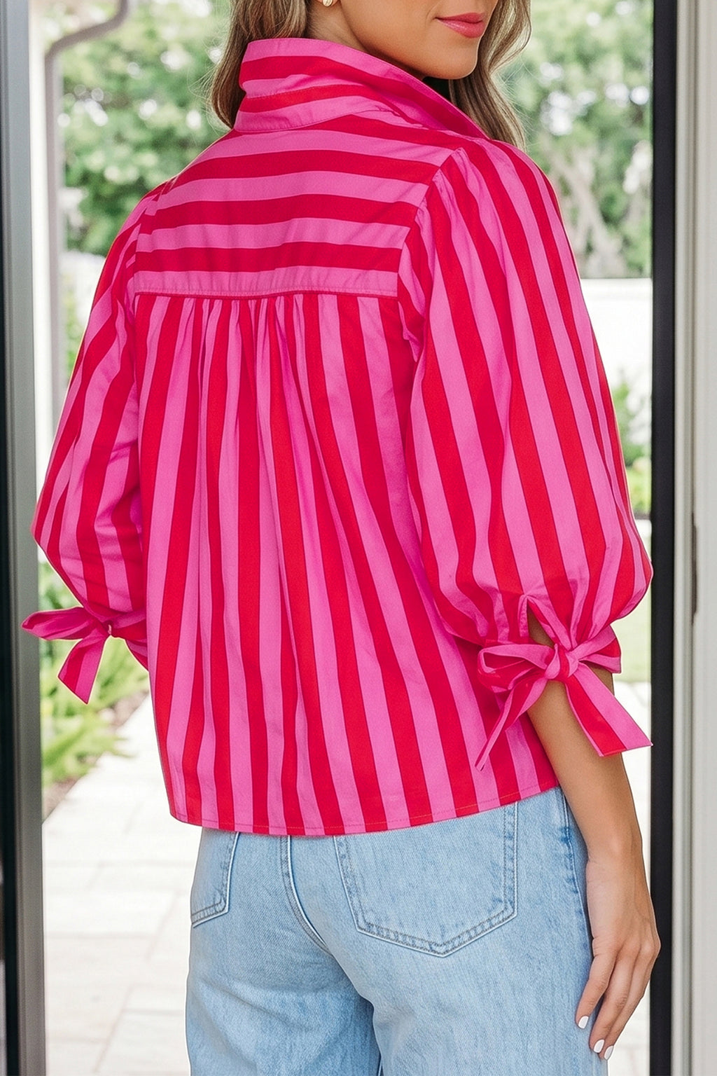Stripe Tie Puff Sleeve Women's Button Down Shirt