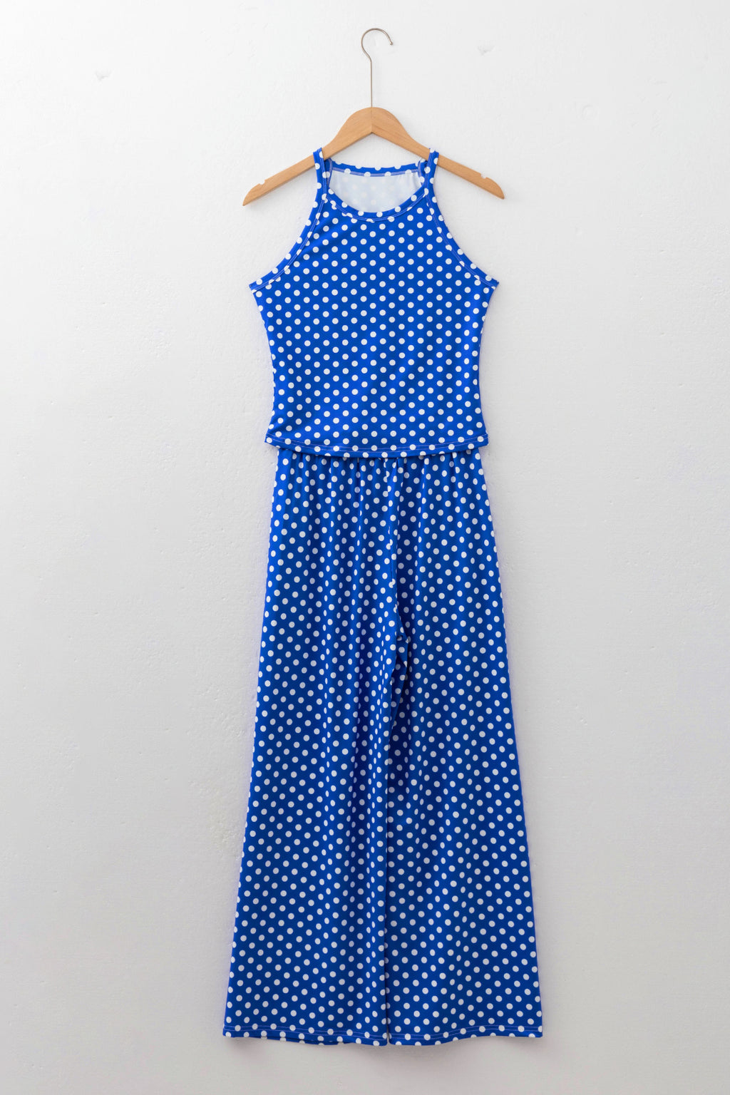 Polka Dot Halter Tank & Wide Leg Pants 2-Piece Set Blue & Pink