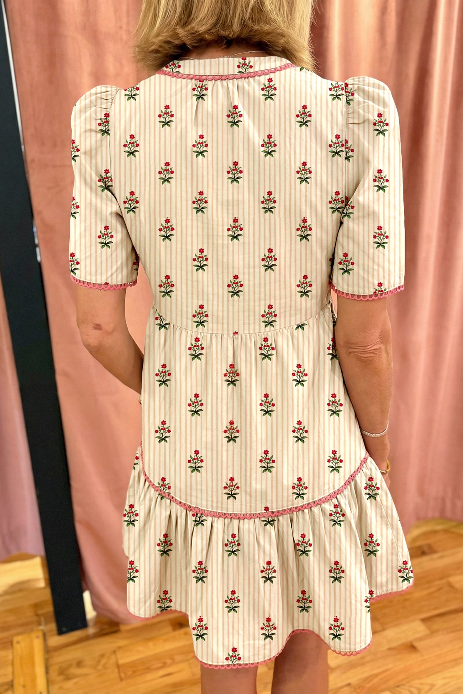 Apricot Striped Floral Contrast Detail Ruffle Hem Short Dress S-XL