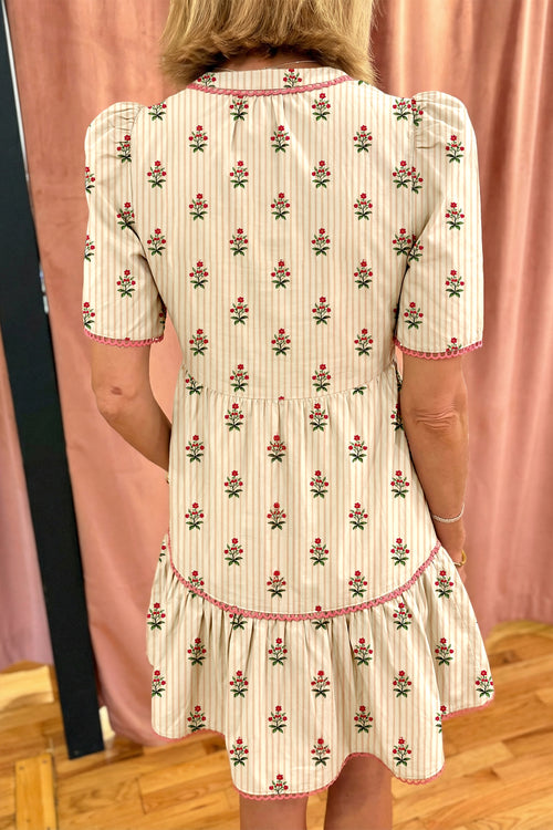 Apricot Striped Floral Contrast Detail Ruffle Hem Short Dress | UK 8–16