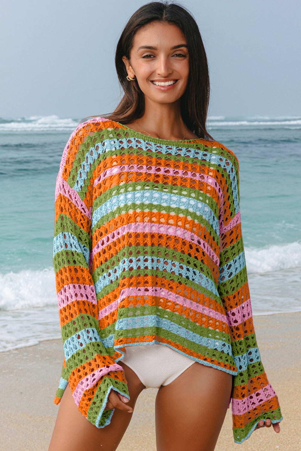 Women's Women's Stripe Open Knit Beach Cover Up Sweater | Orange & Purple | S-XL at LivelyLooks