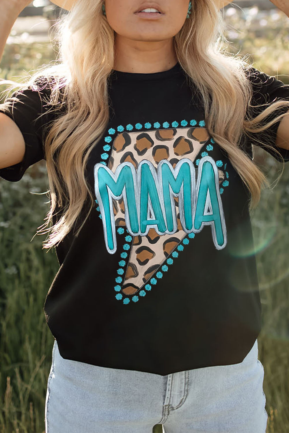 Shop Black Western MAMA Leopard Lightning Graphic Tee Animal Print T-Shirt Retro Top at LivelyLooks