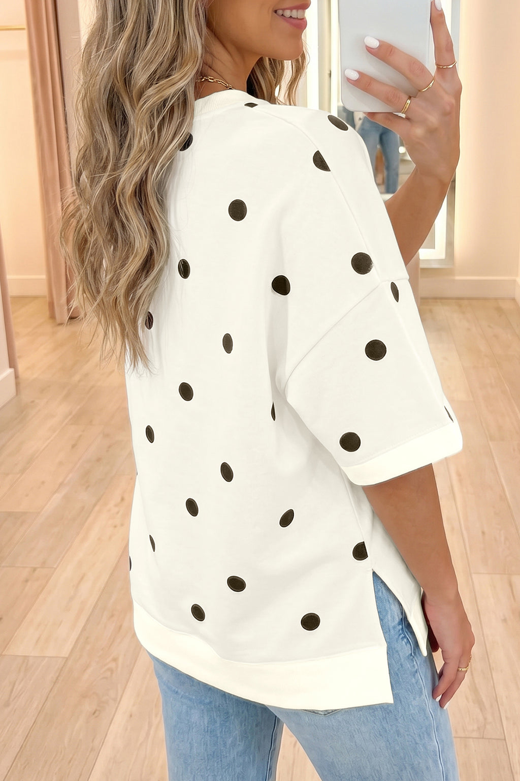 Beige Polka Dot Crossed Seam Detail Oversized Tee