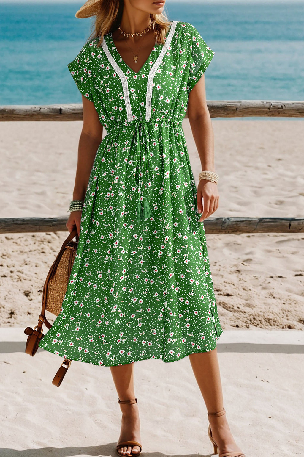 Abstract Print Embroidered V-Neck Dolman Sleeve Boho Midi Dress | Green & Apricot