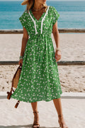 Abstract Print Embroidered V-Neck Dolman Sleeve Boho Midi Dress | Green & Apricot