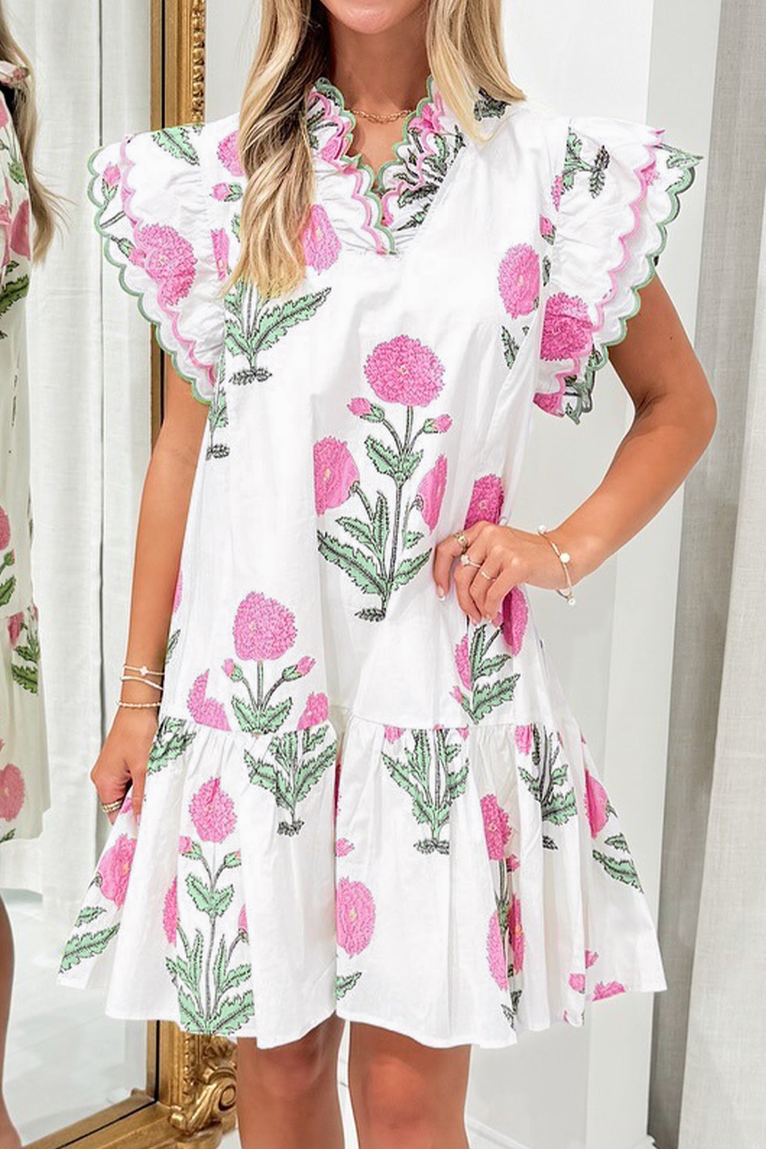 Wild Floral Mini Dress Scalloped Embroidery Trim V Neck Drop Waist White Sky Blue S-XL