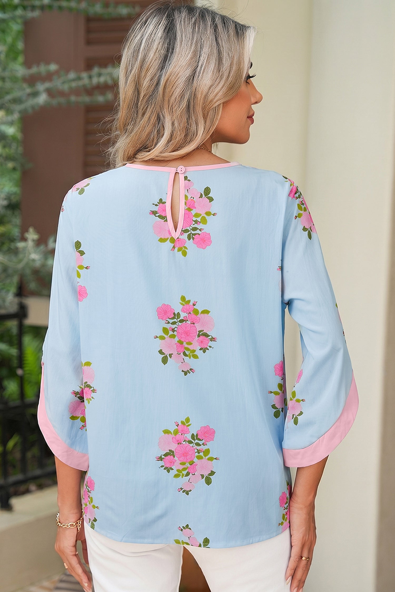 Women's Sky Blue Floral Print Button Cuff 3/4 Sleeve Round Neck Blouse at LivelyLooks