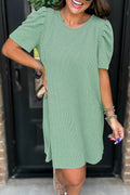 Corded Knit Crew Neck Puff Sleeve Shift Mini Dress S-XL
