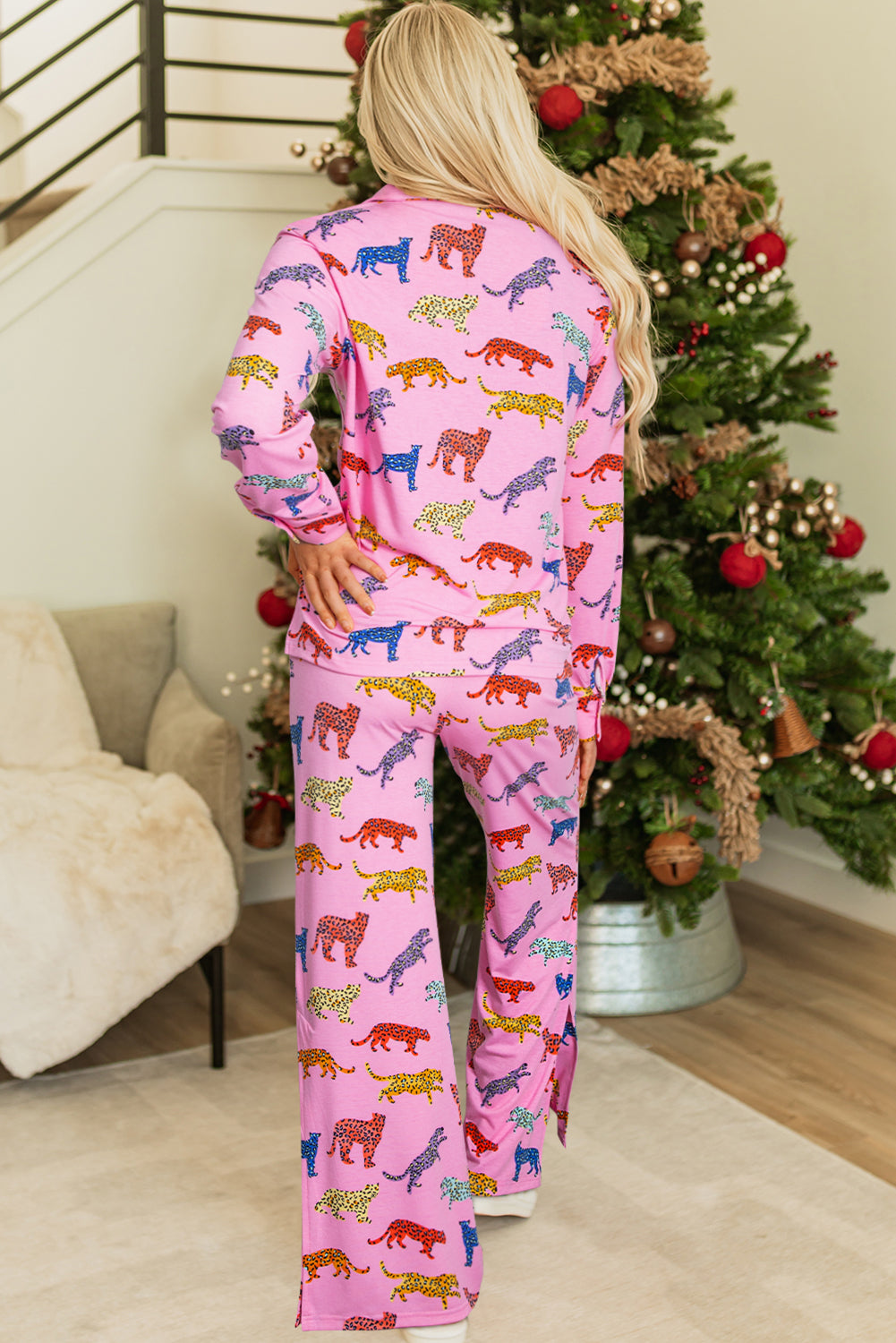 Pink Cheetah Print Pyjama Set | Shirt & Wide Leg Trousers