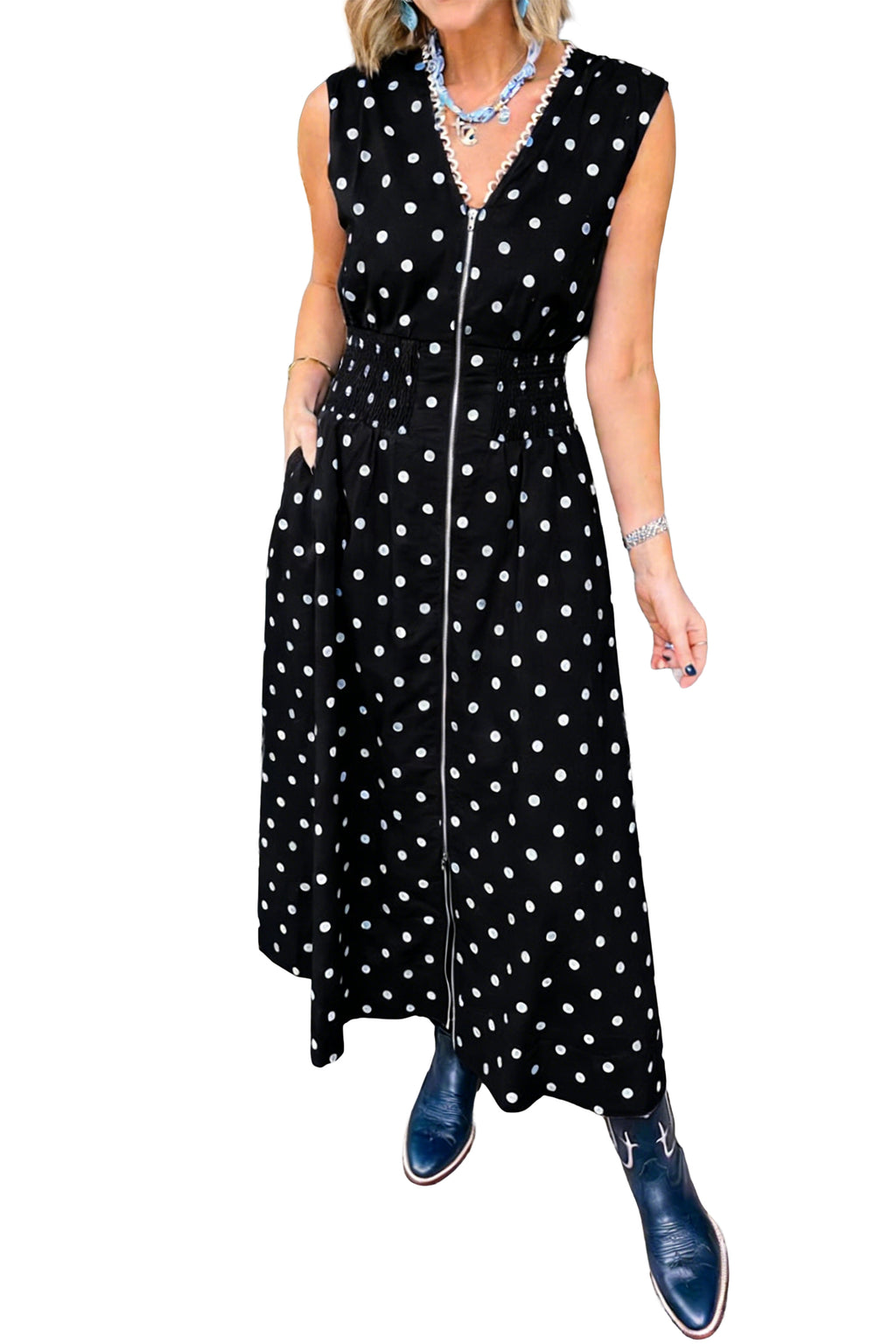Brown & Black Polka Dot Contrast Trim V Neck Zip Up Sleeveless Dress S-XL
