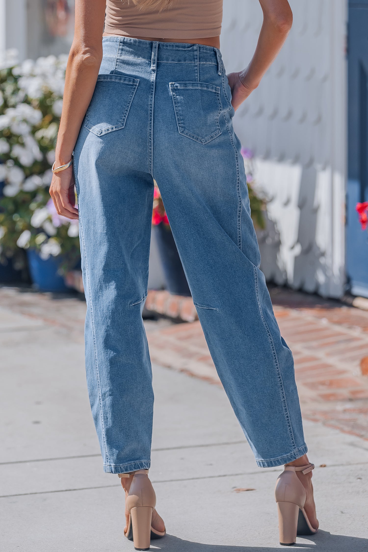 Women's Blue Medium Wash Cuffed Barrel Leg Jeans Mid-Rise Denim UK 4-16 at LivelyLooks