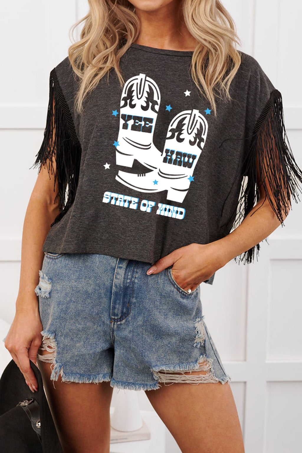 Women's Carbon Grey YEE HAW Fringed Sleeve Western Graphic Tee at LivelyLooks