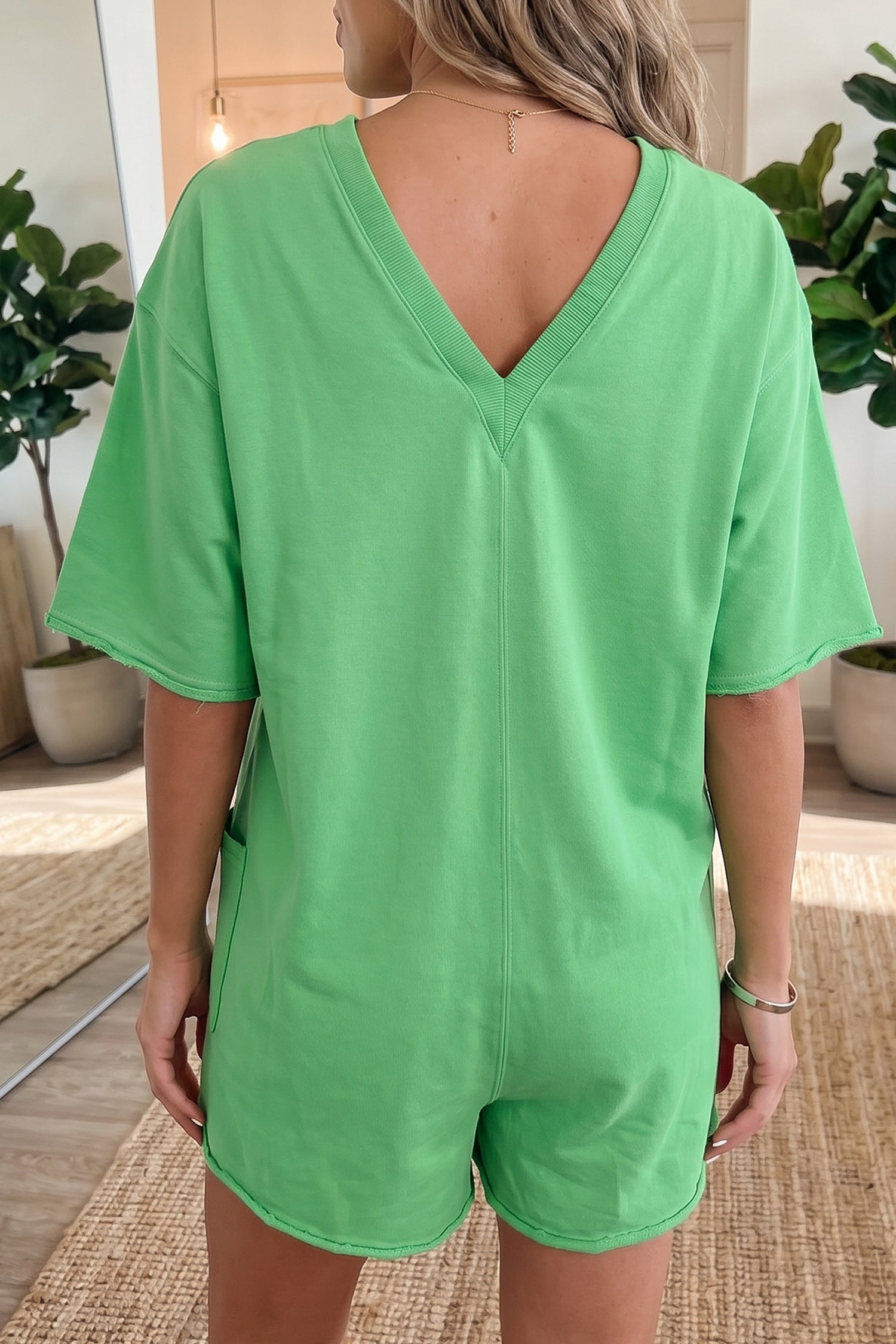 Solid Colour Raw Edge Half Sleeve Pocketed Loose Romper | Green, Pink & Red | UK 8-22