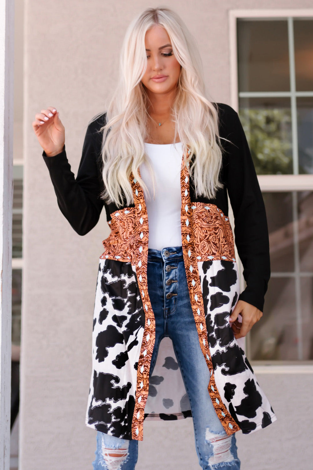 Women's Black Western Pattern Cow Patchwork Open Front Cardigan Knitwear Aztec Jumper Coat at LivelyLooks