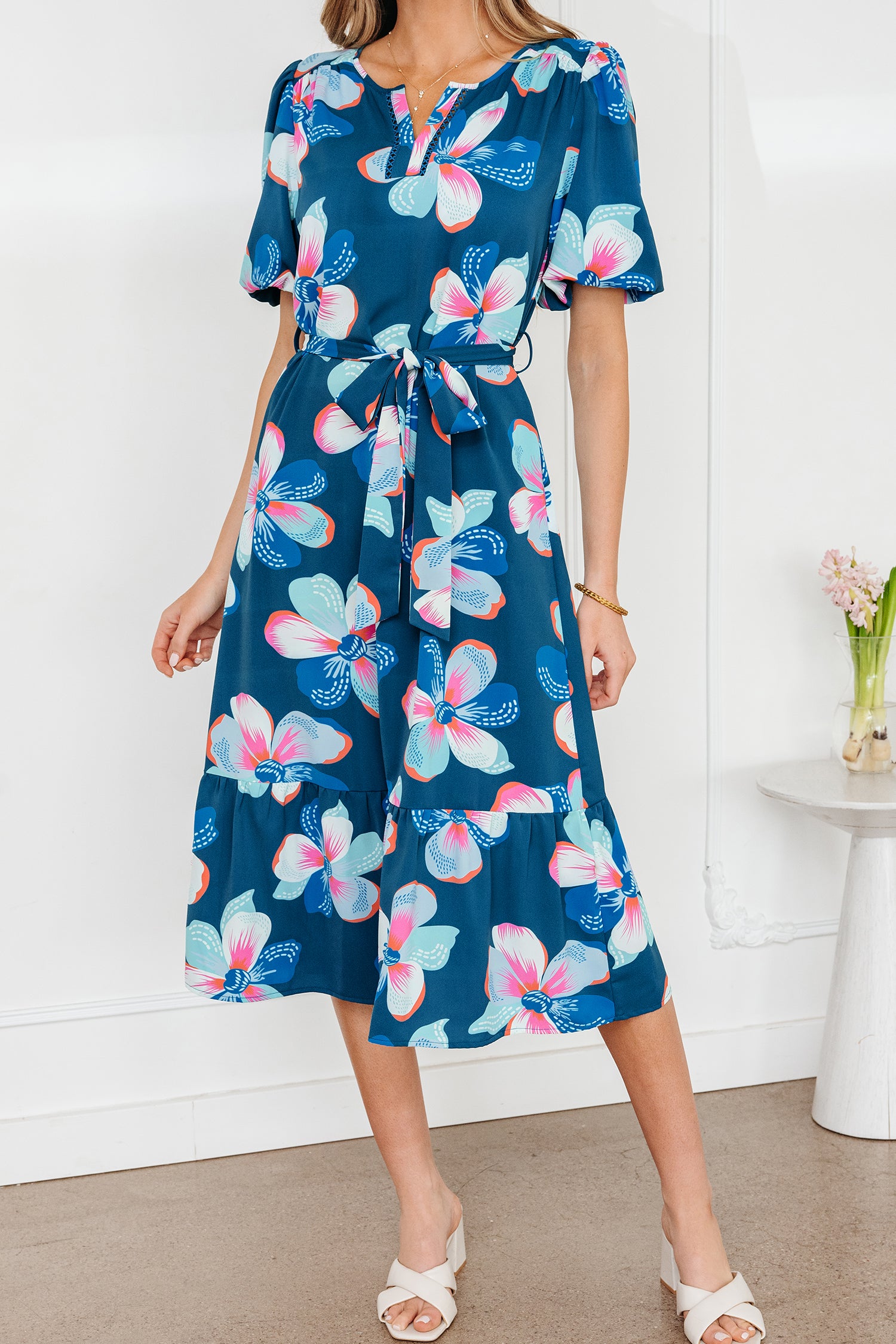 Blue Floral Puff Sleeve Ruffle Hem Belted Long Dress S-XL