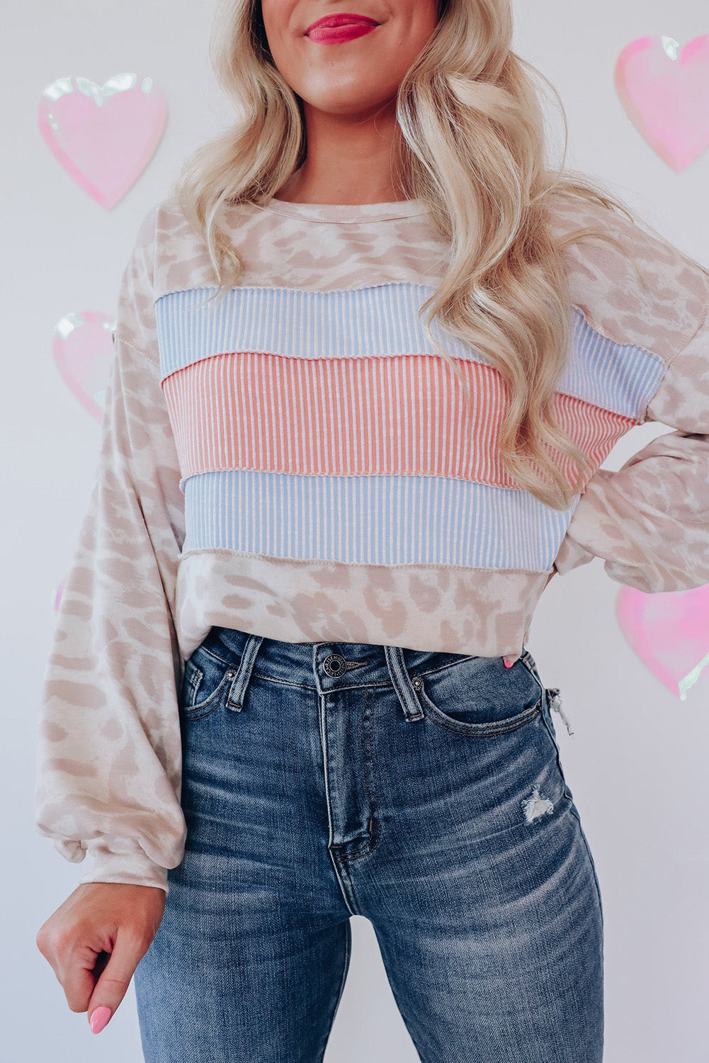 Leopard Print Puff Sleeve Knit Top Contrast Stripe Patchwork Women S-XL