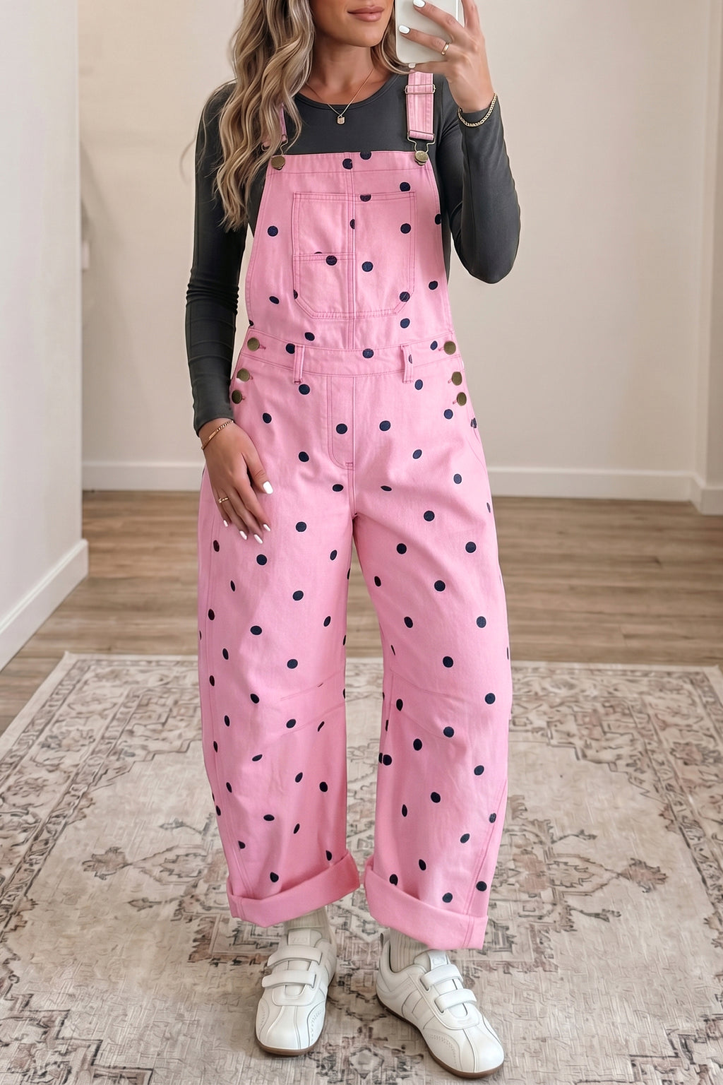 Polka Dot Denim Barrel Overalls Jumpsuit | Cream Beige Pink UK 8–22