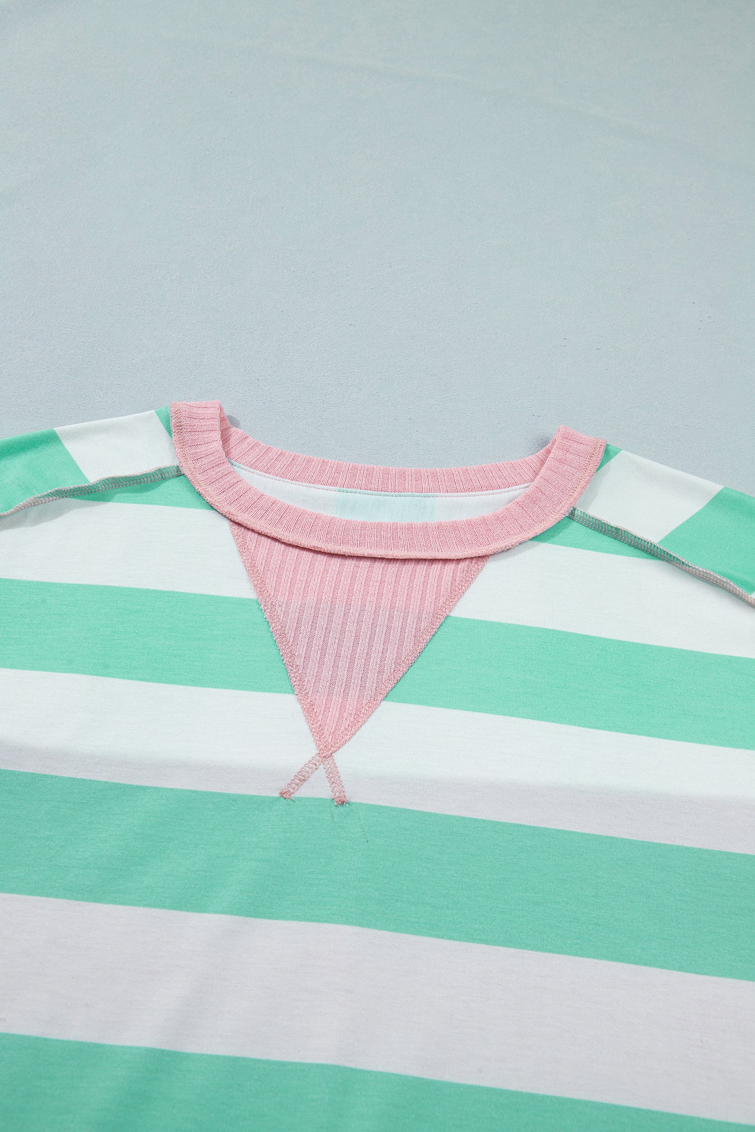 Stripe Colourblock Ribbed Patchwork Exposed Seam Oversized Tee | Pink & Green