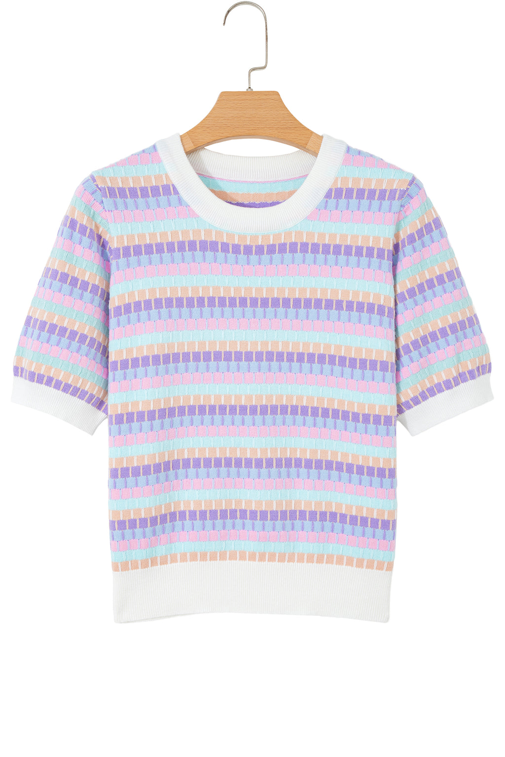 Women's Rose Red Abstract Stripe Knit Short Sleeve Sweater at LivelyLooks