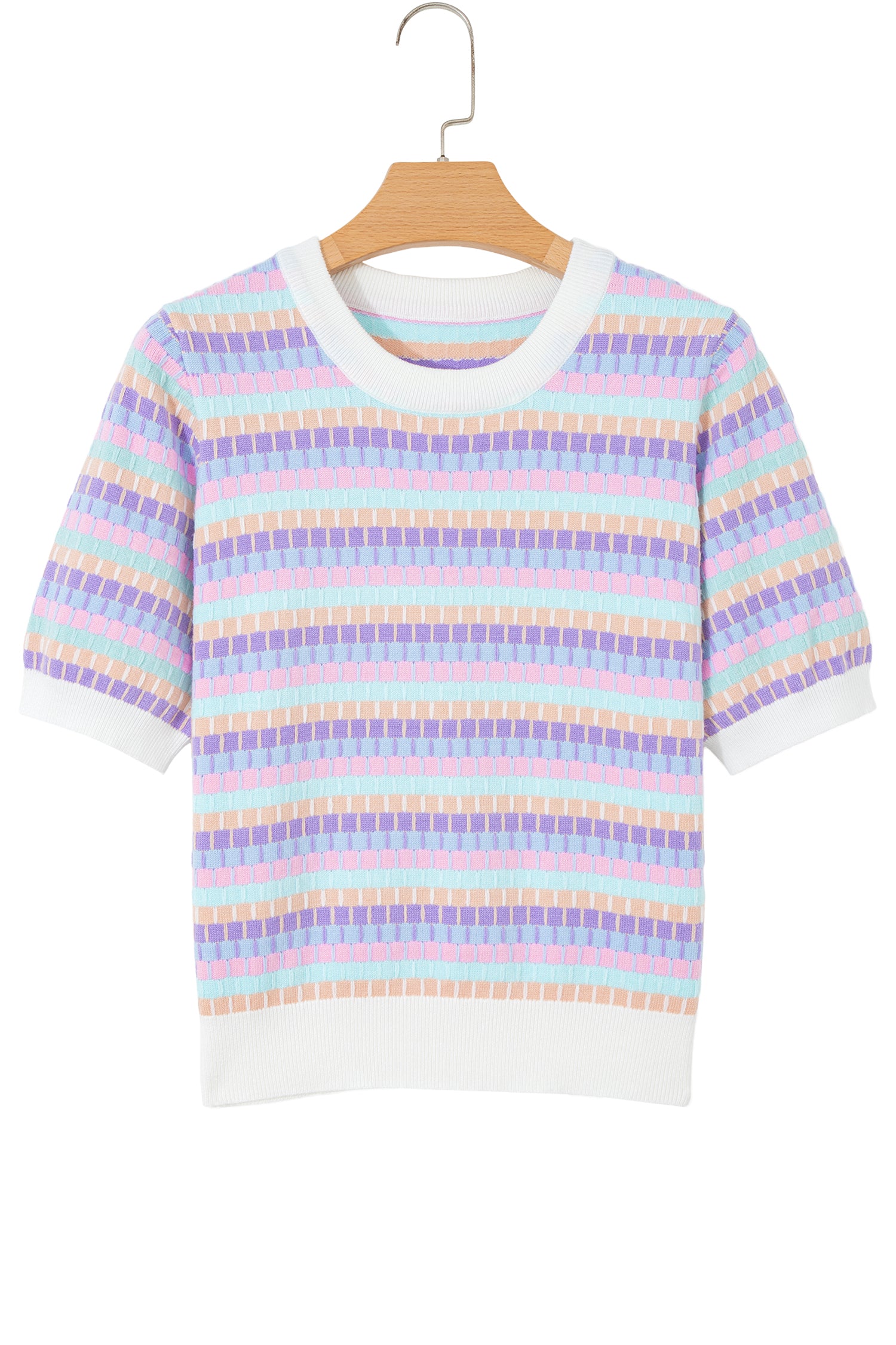 Women's Rose Red Abstract Stripe Knit Short Sleeve Sweater at LivelyLooks