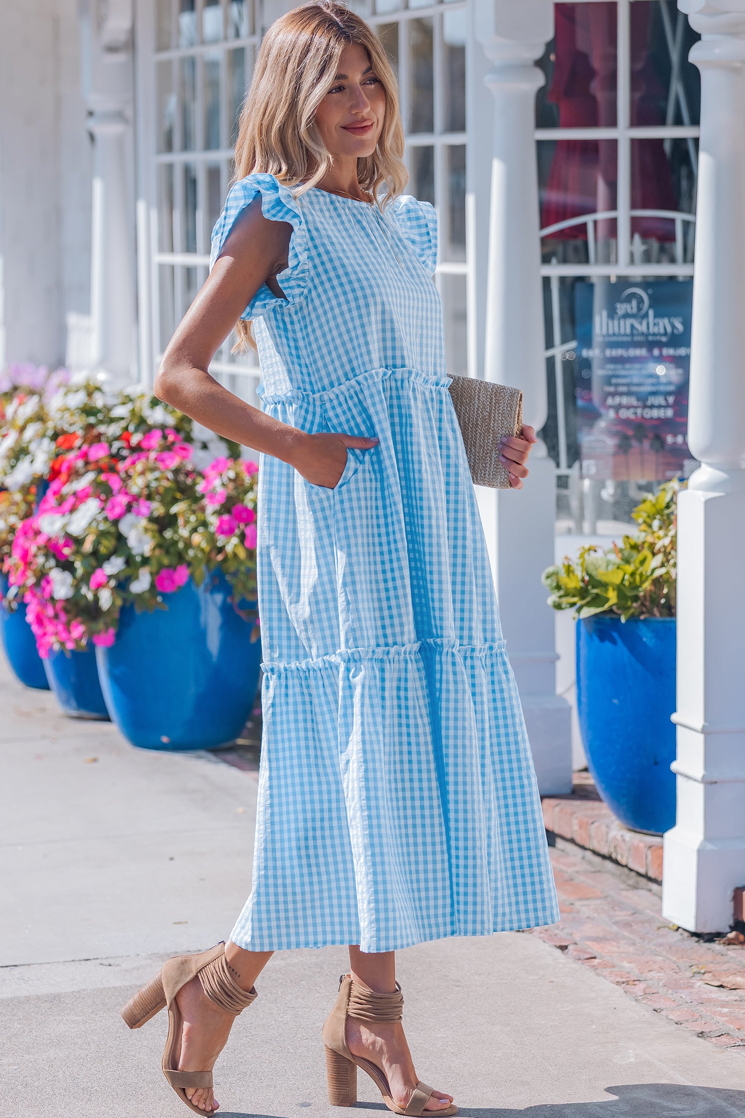 Women's Sky Blue Gingham Knot Back Ruffled Short Sleeve Maxi Dress at LivelyLooks