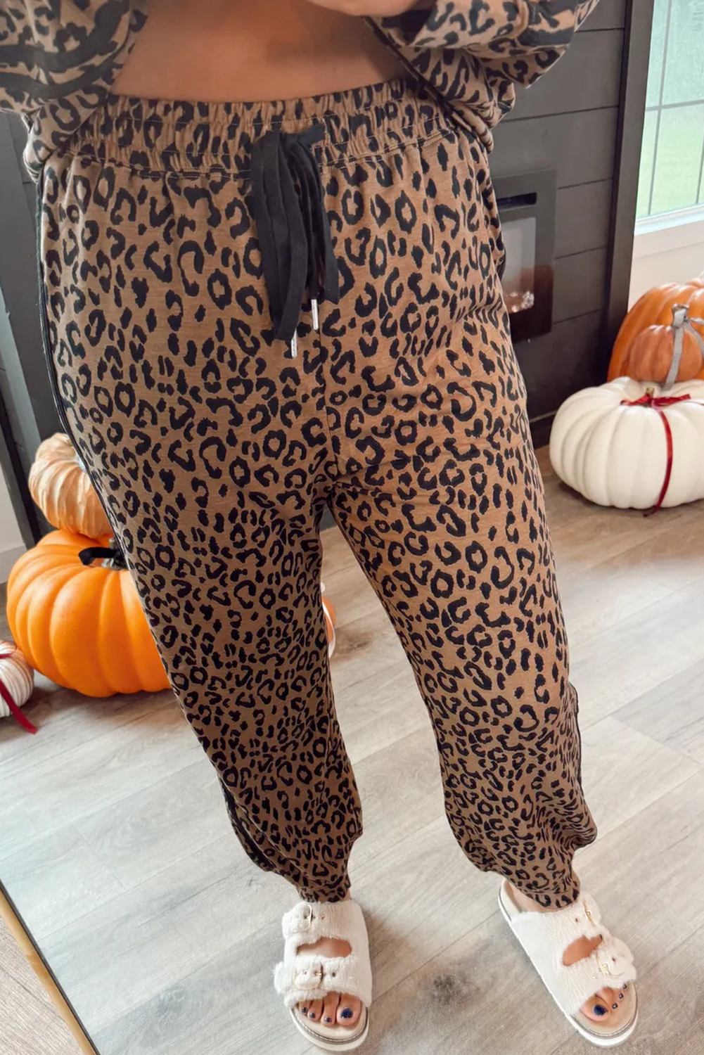 Brown Varsity Stripe Leopard Print Long Sleeve Top & Drawstring Trouser Set