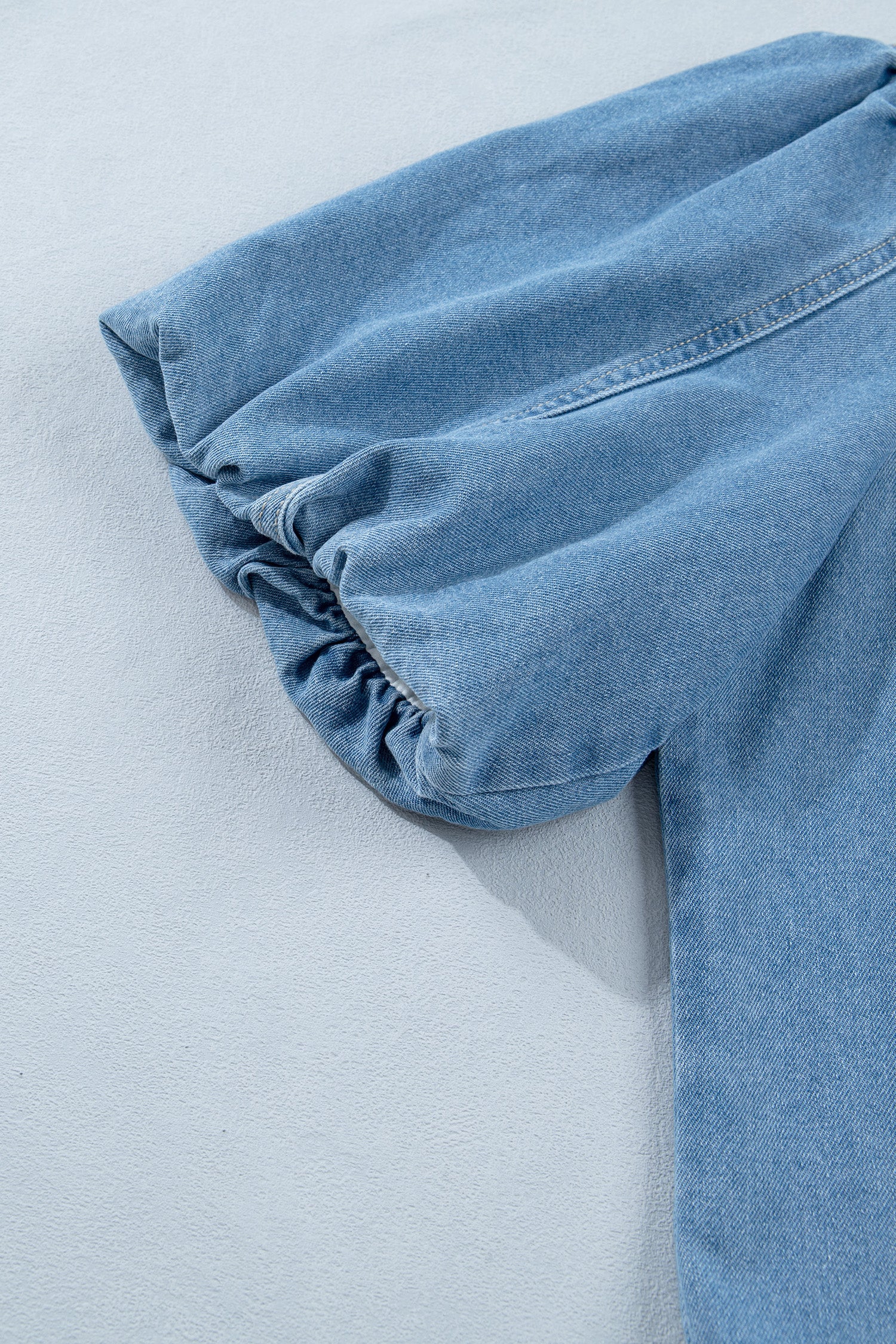 Women's Blue Patchwork Denim Mini Dress Button Down Puff Sleeve Ruffle Hem at LivelyLooks