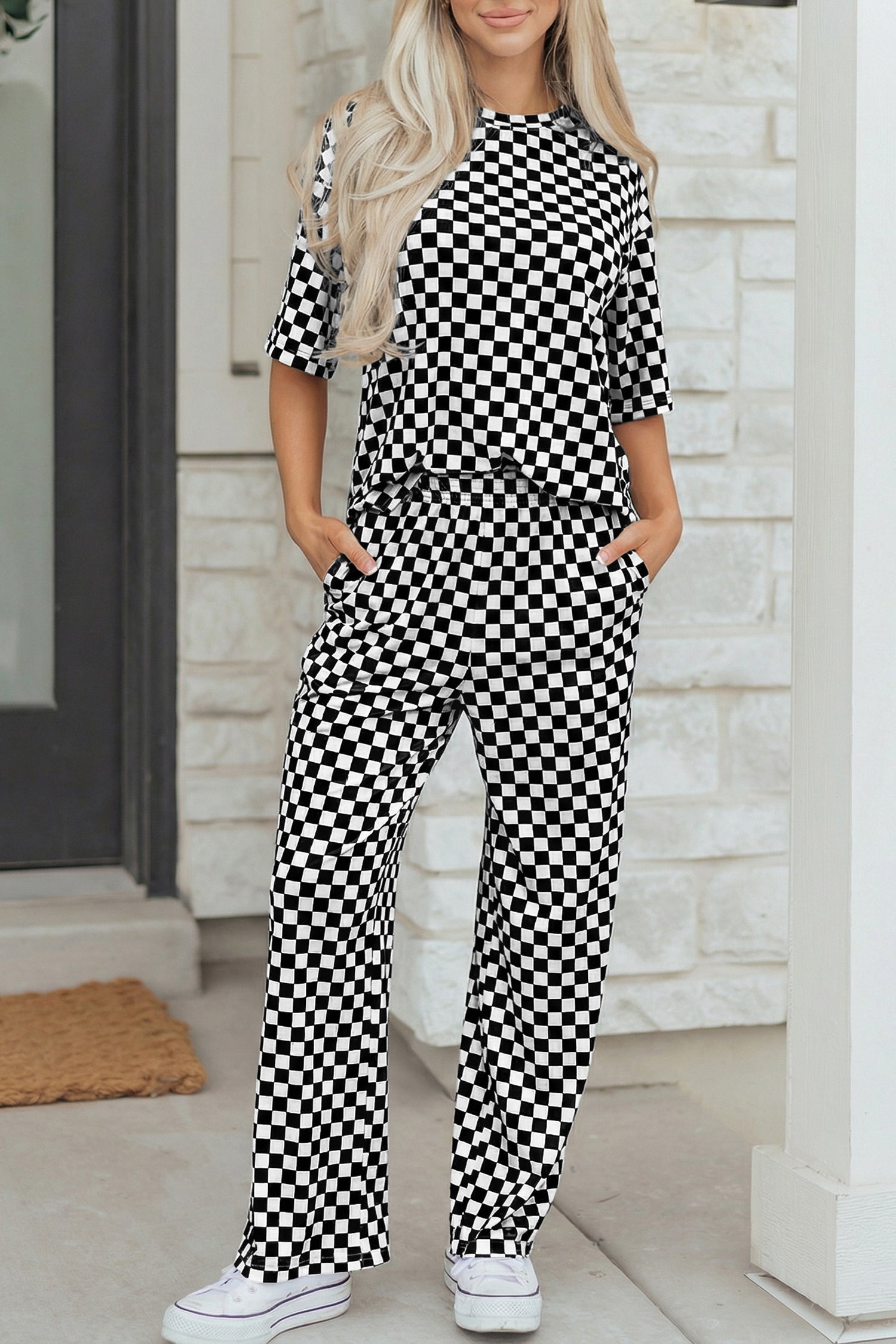 Black Checkered Lounge Set Half Sleeve Tee & Pant 2pcs Women S-XL