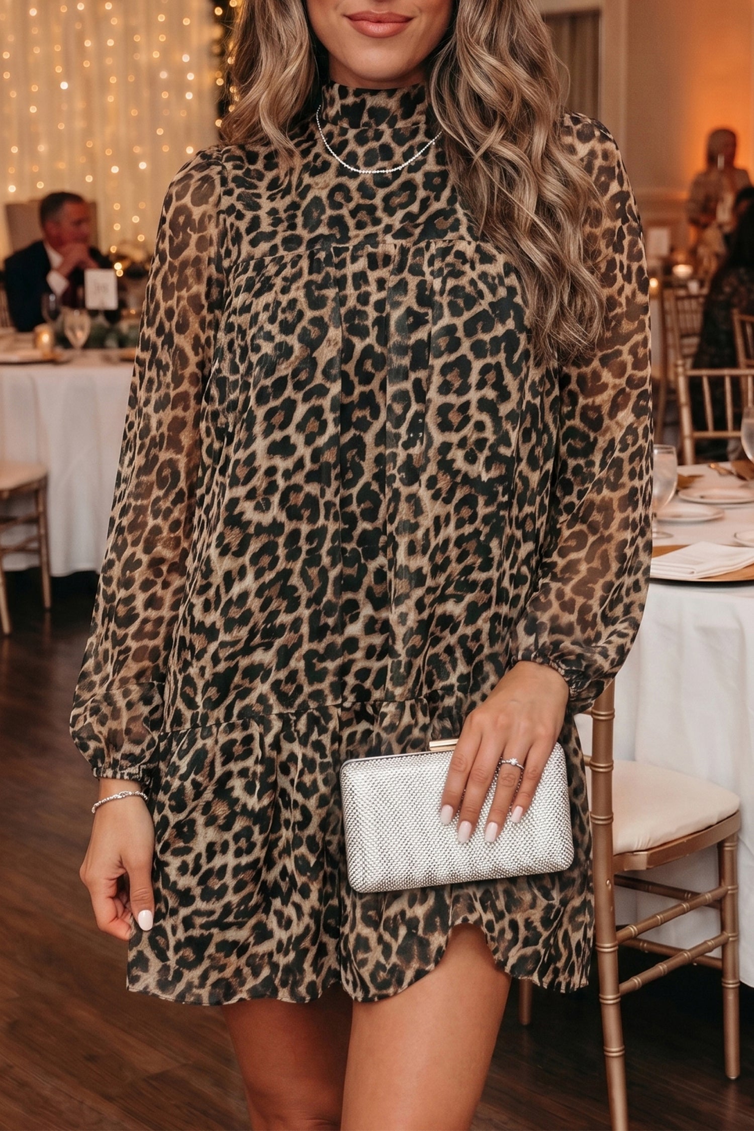 Brown Leopard Print Long Sleeve Short Shift Dress S-XL