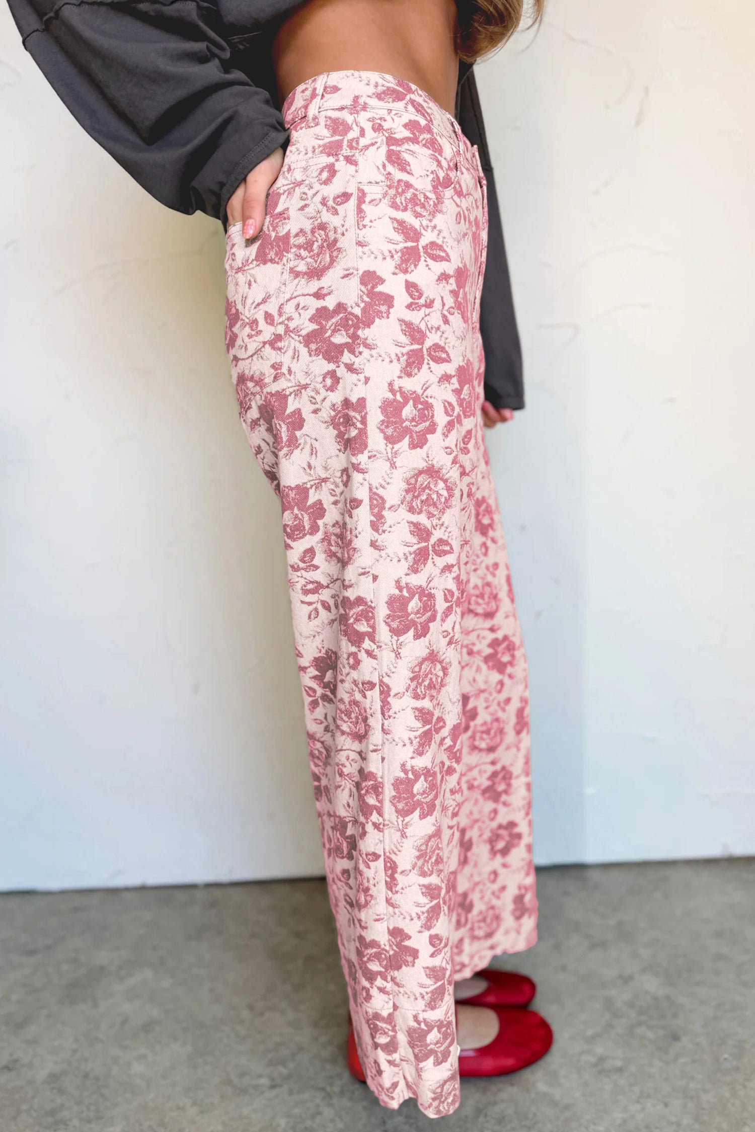 Pink Vintage Floral Print Wide Leg Denim Jeans | Sizes 4–16