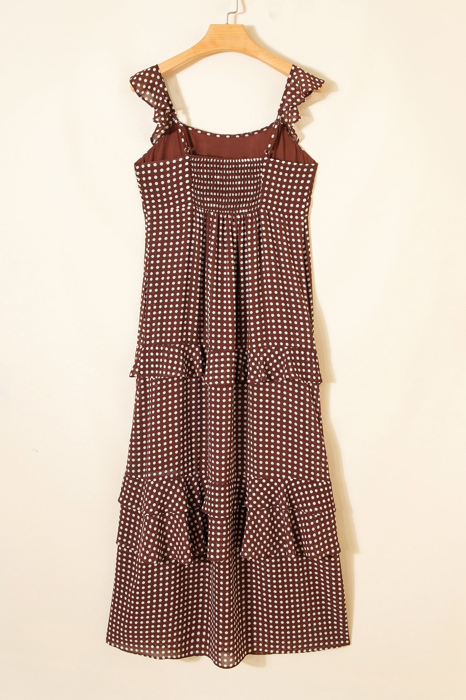 Women's Coffee Polka Dot Backless Ruffled Tiered Maxi Dress at LivelyLooks