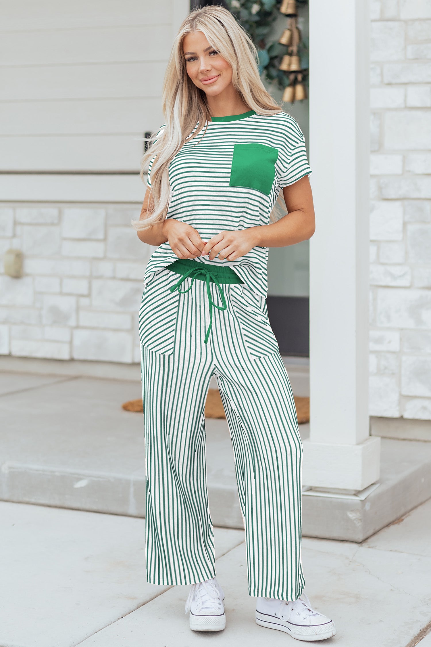 Stripe Crew Neck Tee & Drawstring Cropped Trousers Set | 4 Colours | UK 8–18