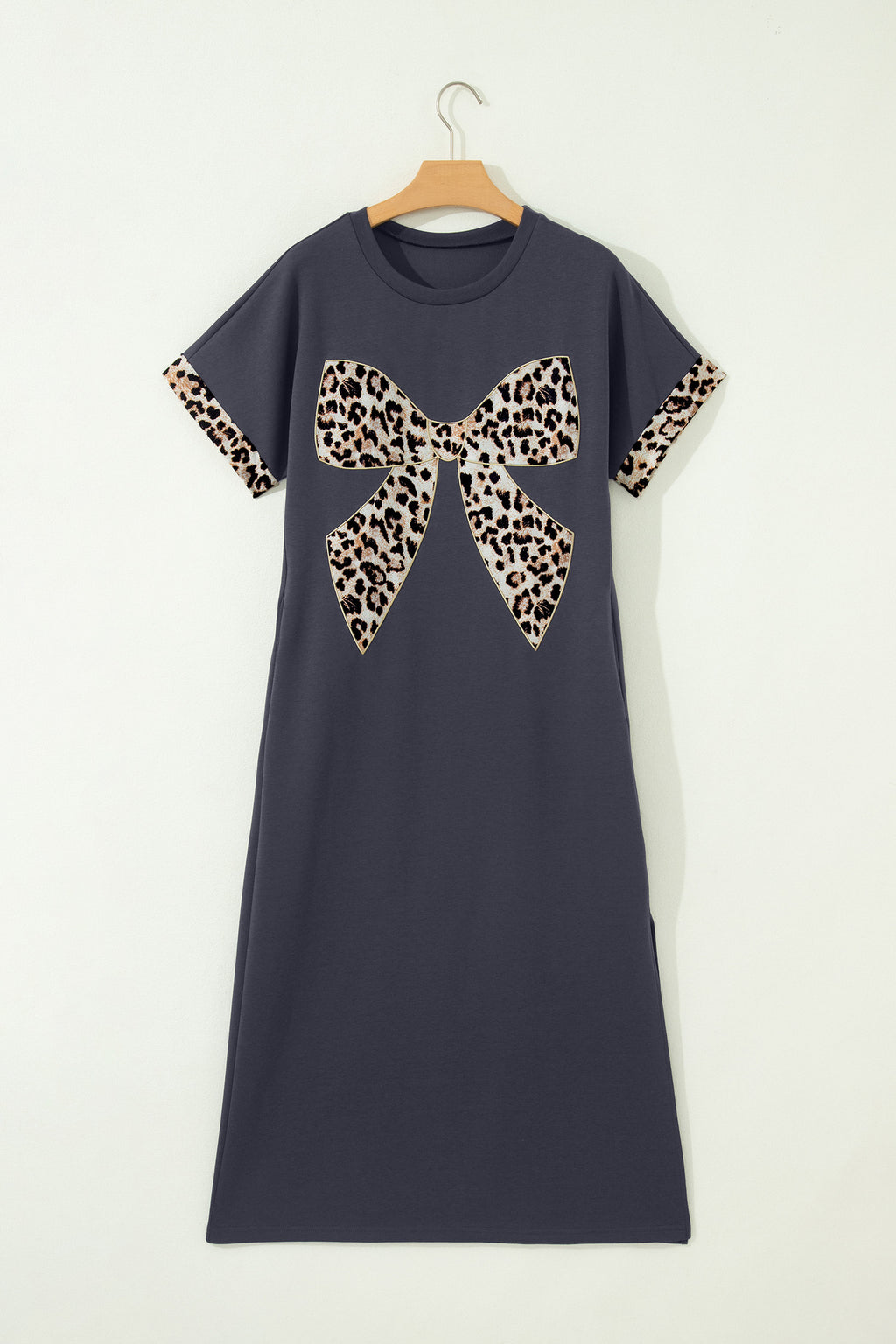 Women's White Grey Leopard Bow T-Shirt Maxi Dress Thigh Slit Cuffed UK 8-22 at LivelyLooks