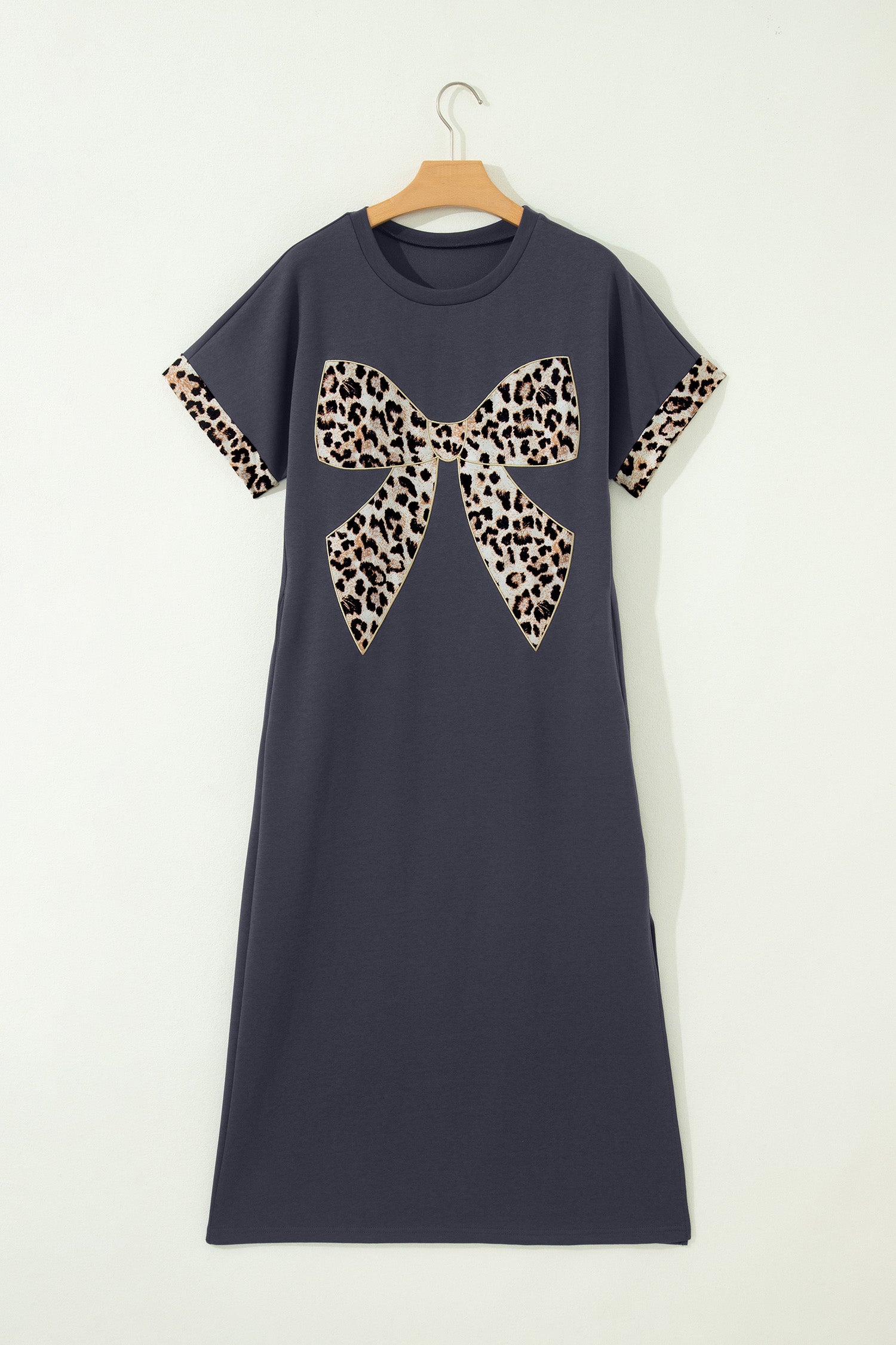 Women's White Grey Leopard Bow T-Shirt Maxi Dress Thigh Slit Cuffed UK 8-22 at LivelyLooks