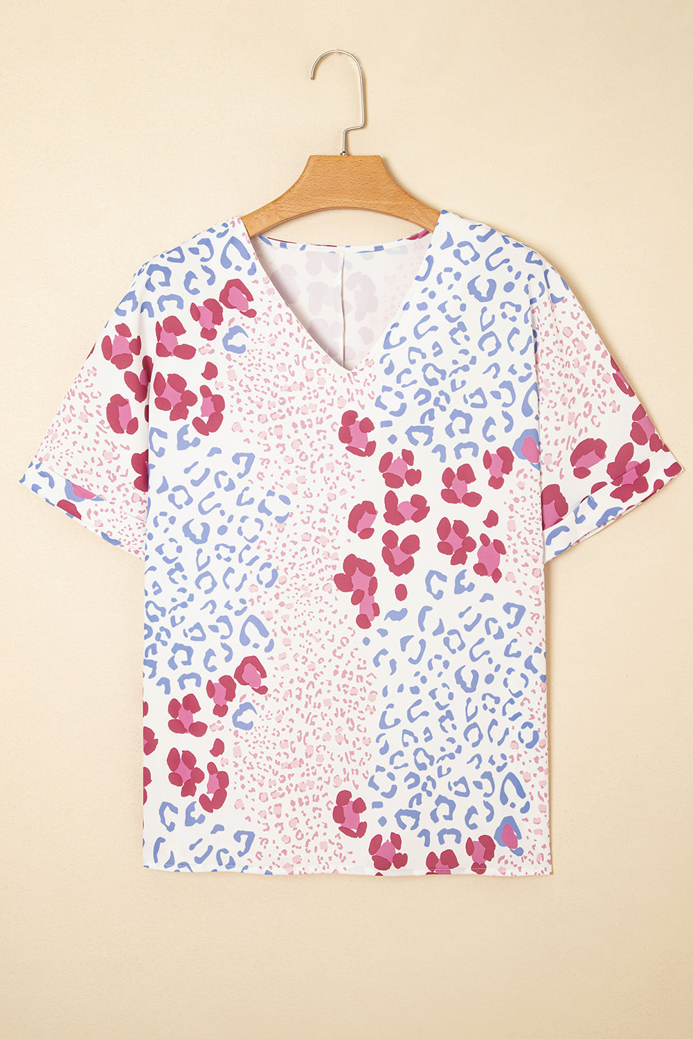 Leopard Print V Neck Blouse Short Sleeve Sky Blue Pink Green Women S-XL