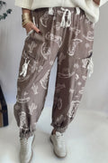 Khaki Western Cactus Cowgirl Print Vintage Drawstring Jogger Pants
