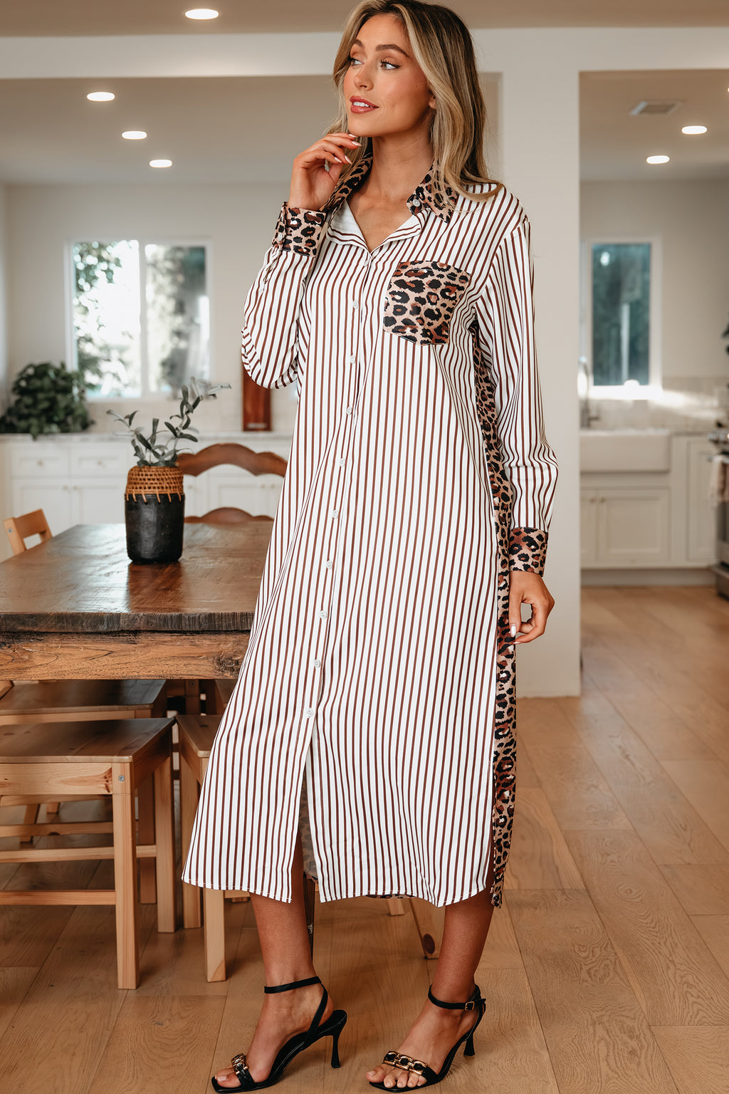 Women's Brown Stripe Contrast Leopard Patchwork Long Shirt Dress with Slits at LivelyLooks