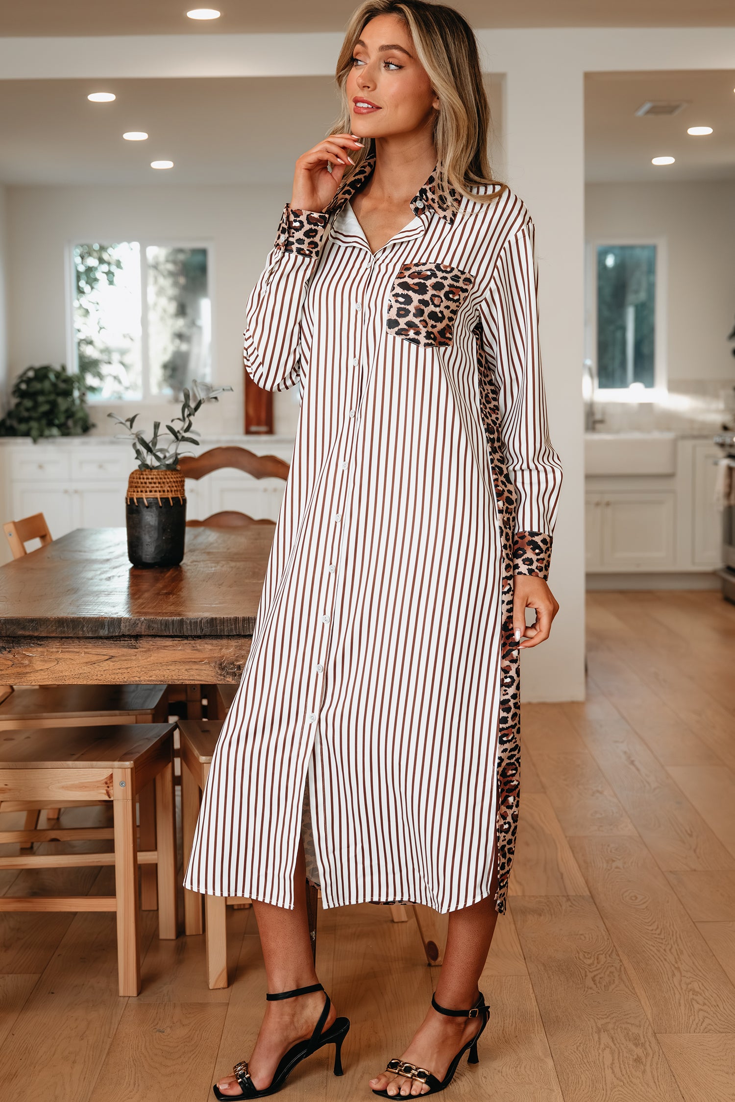 Women's Brown Stripe Contrast Leopard Patchwork Long Shirt Dress with Slits at LivelyLooks