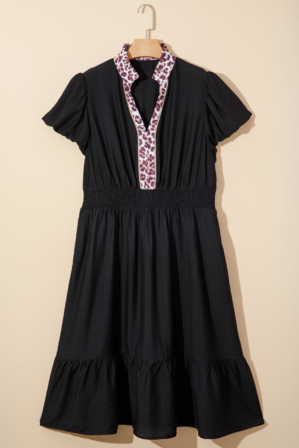 Women's Black Leopard V Neck Patchwork Smocked Waist Plus Size Ruffled Dress at LivelyLooks
