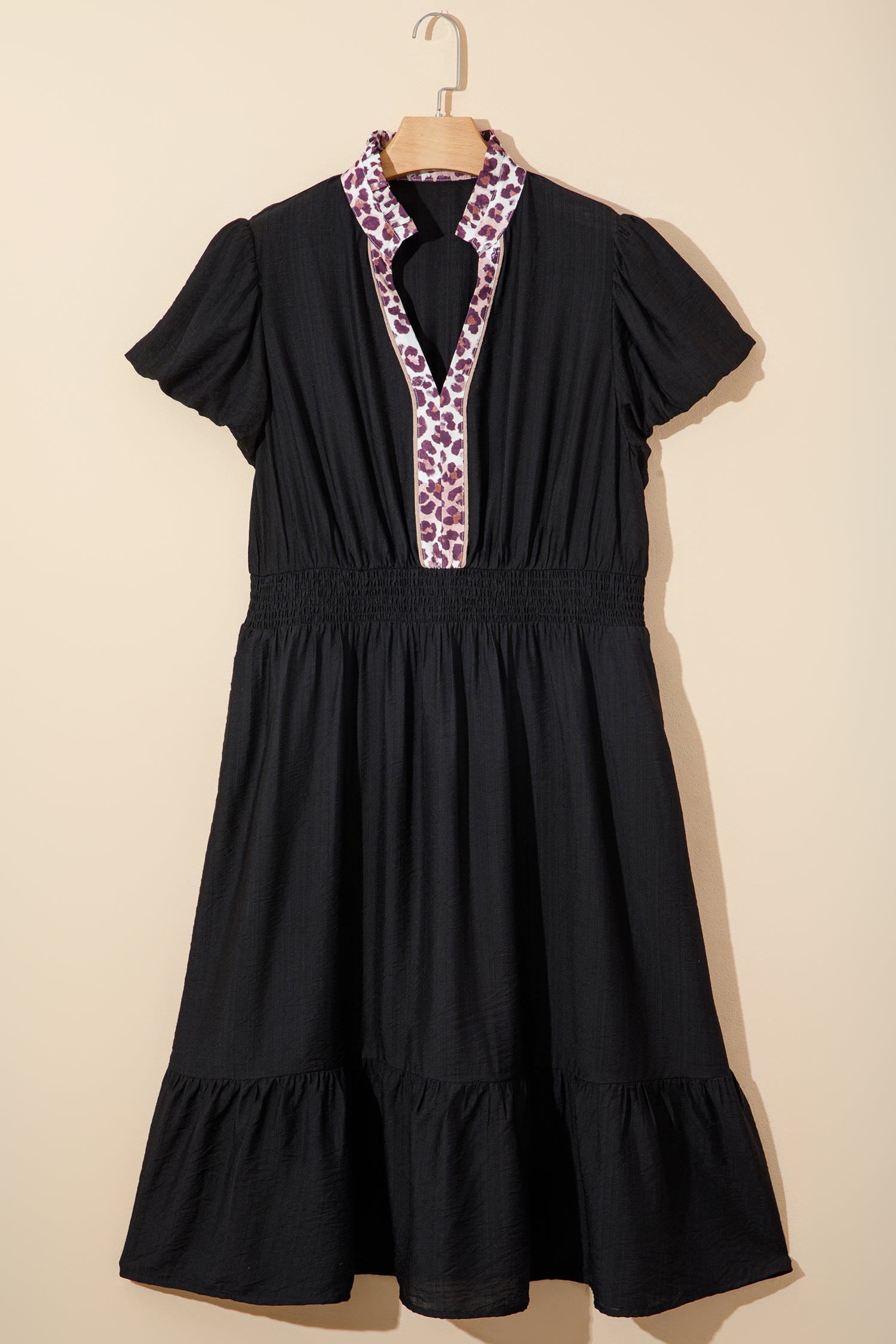 Women's Black Leopard V Neck Patchwork Smocked Waist Plus Size Ruffled Dress at LivelyLooks