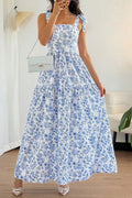 Sky Blue Floral Maxi Dress Knot Straps High Waist Flared Women S-XL