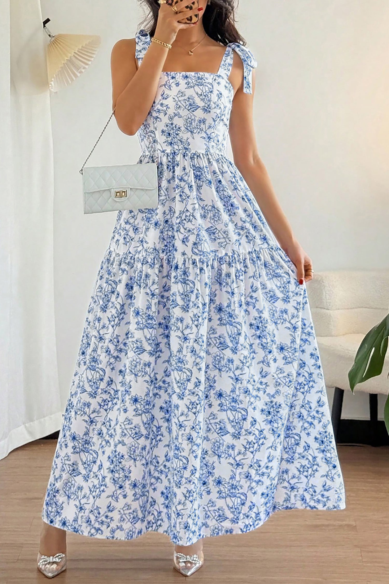 Sky Blue Floral Maxi Dress Knot Straps High Waist Flared Women S-XL
