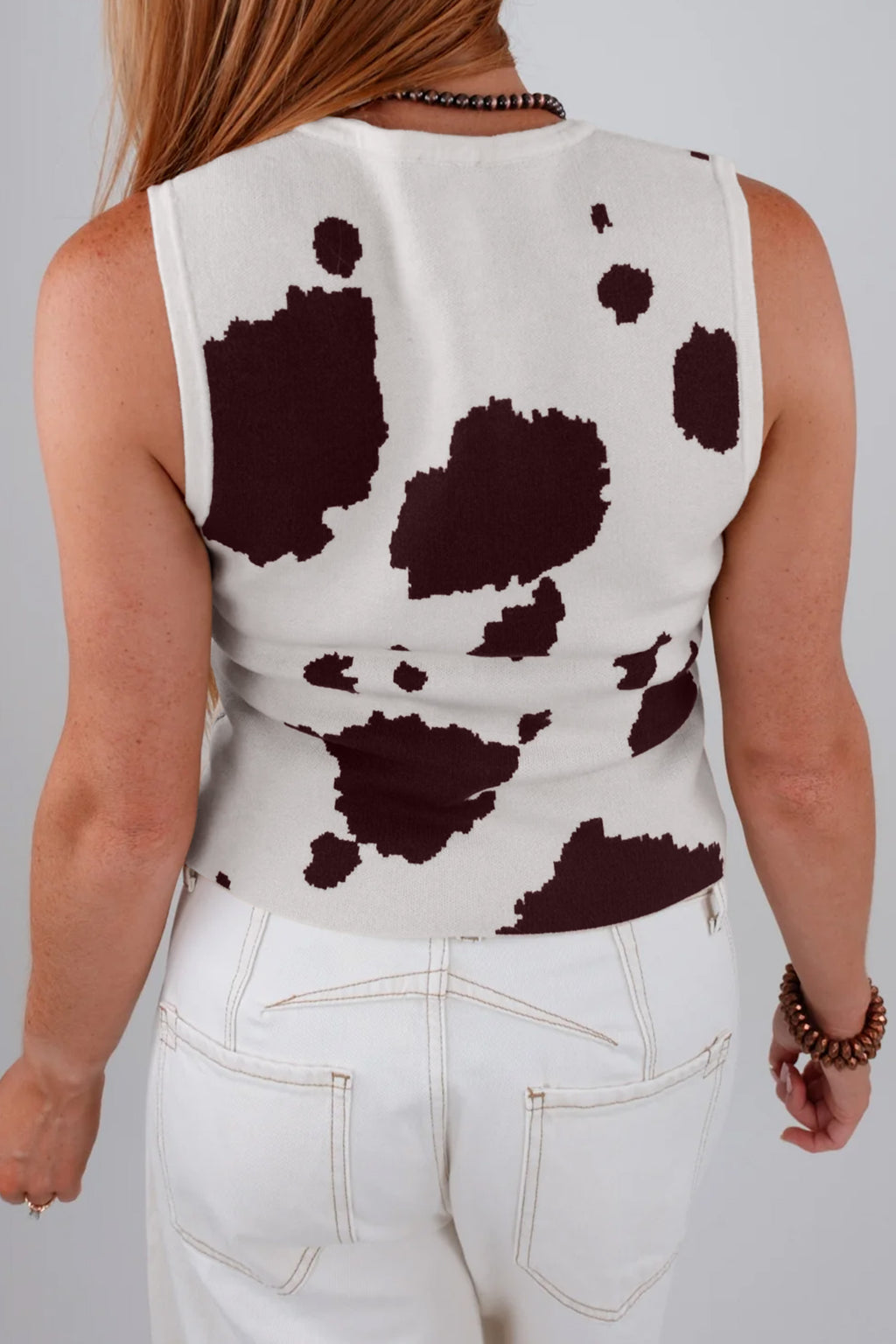 Shop White Western Cow Print Button Down Sweater Vest at LivelyLooks