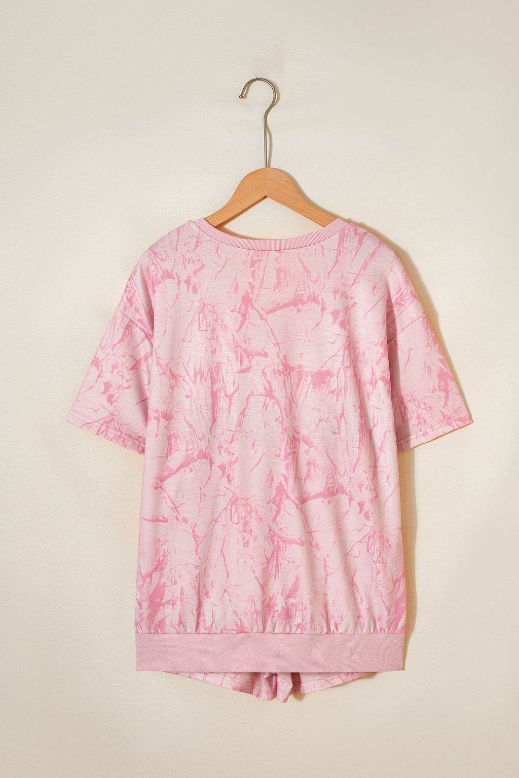 Abstract Print V-Neck Loose Tee & Drawstring Shorts Co-ord | Khaki & Pink