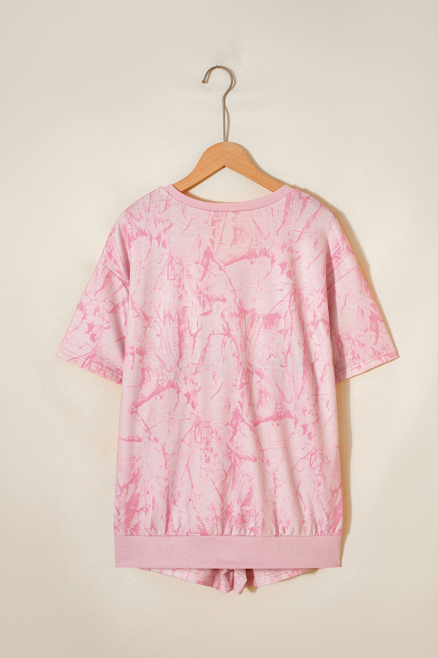 Abstract Print V-Neck Loose Tee & Drawstring Shorts Co-ord | Khaki & Pink