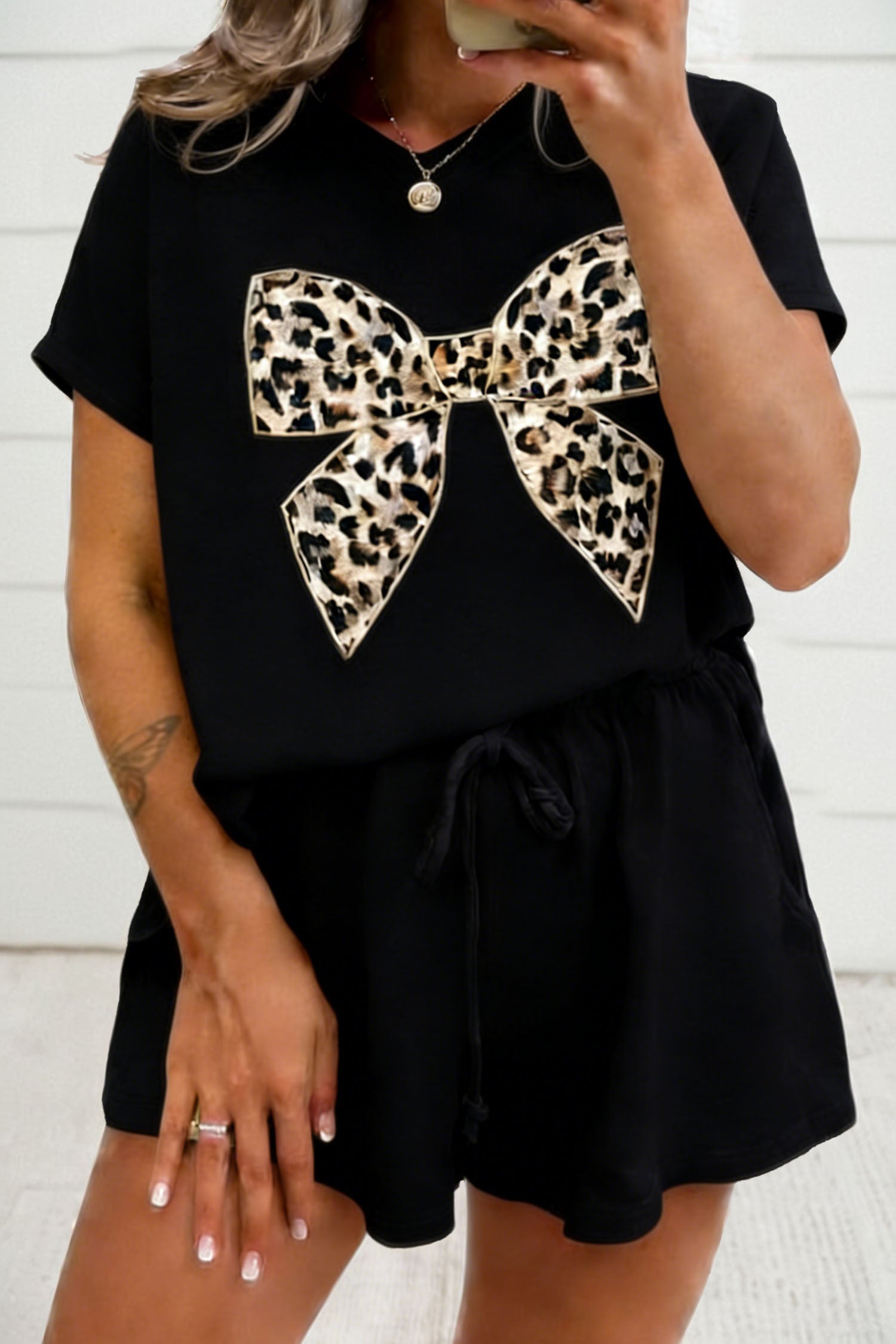 Shop White Black Leopard Bow V Neck Tee & Drawstring Shorts Set 2pcs S-XL at LivelyLooks