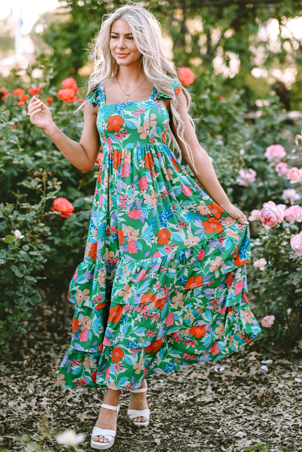 Women's Green Floral Print Sleeveless Ruffle Tiered Maxi Dress at LivelyLooks