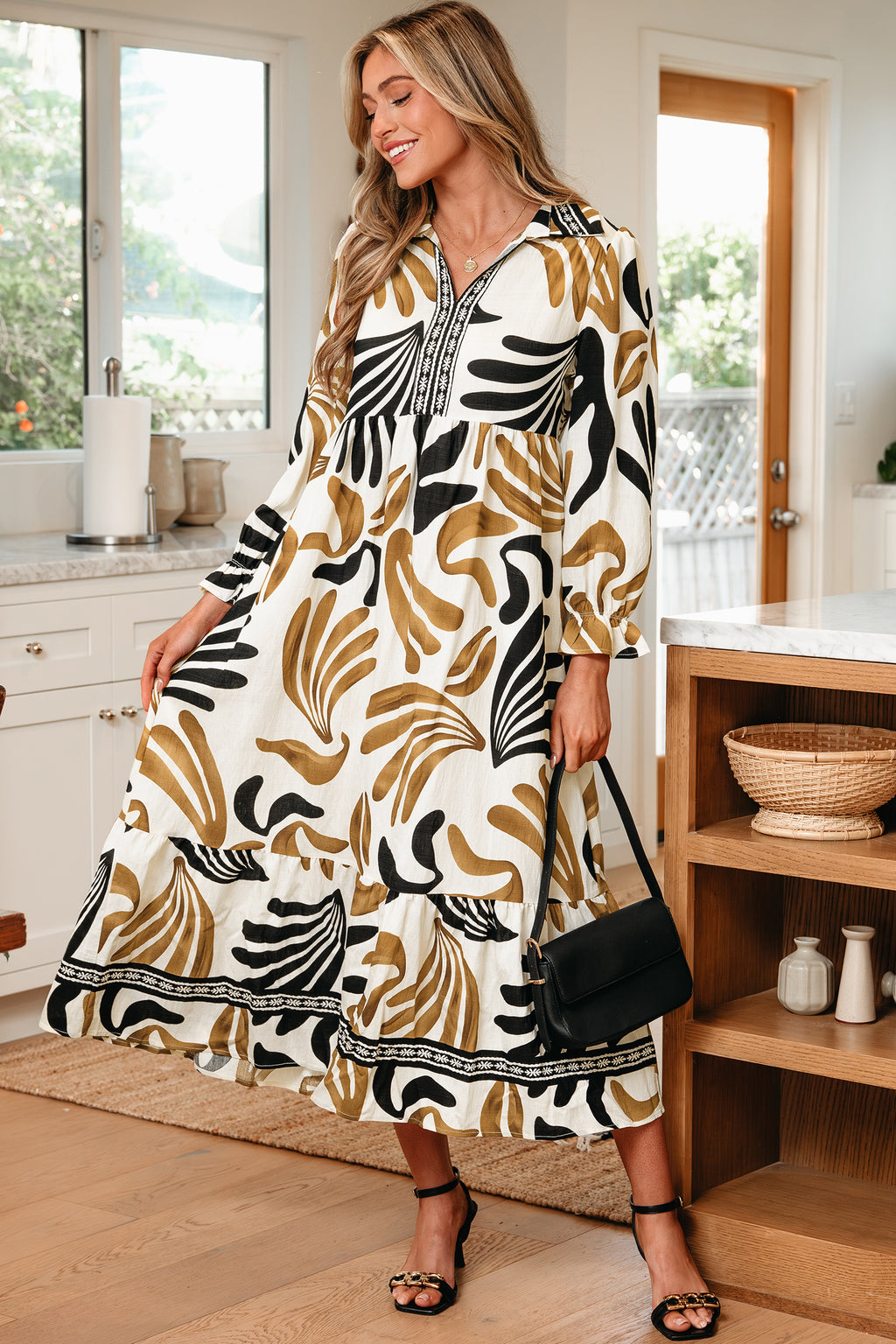 Women's Brown Tropical Printed Contrast Trim Neck Long Sleeve Ruffle Hem Dress at LivelyLooks